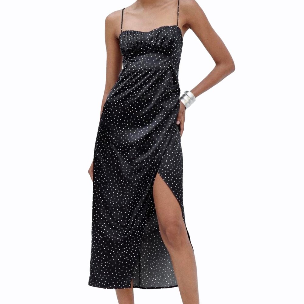 Zara Women's Polka Dot Satin Corsetry Inspired Dress Midi Black Size M